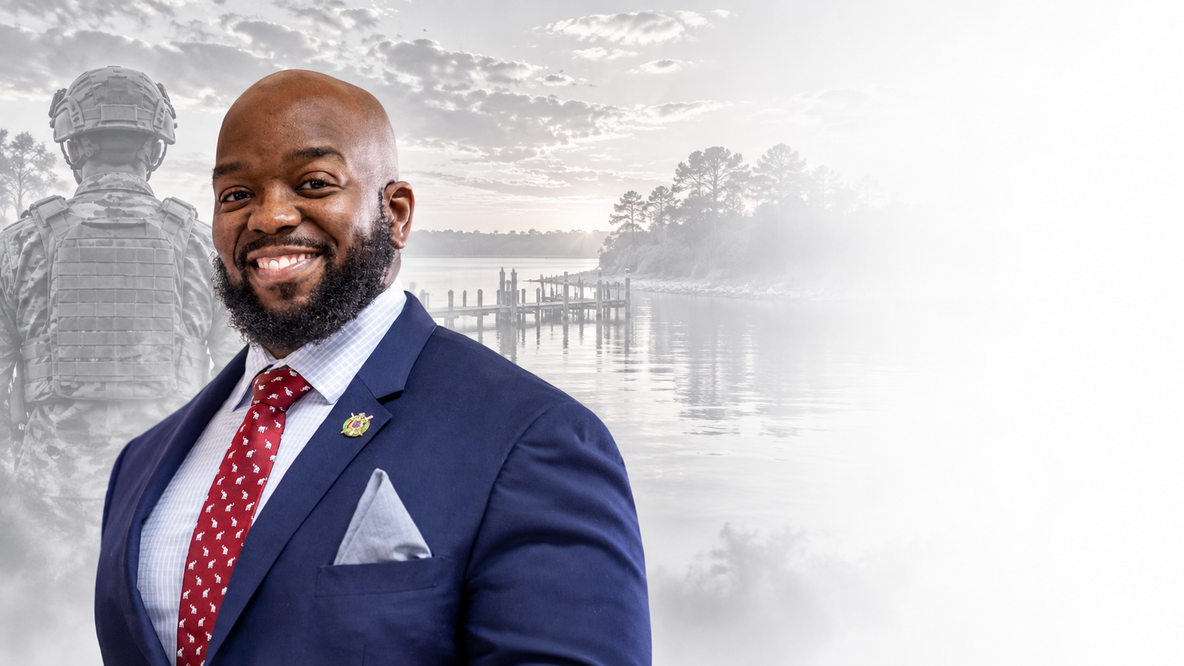 Illustrated portrait of BJ Hall with a layered military-service and waterfront background